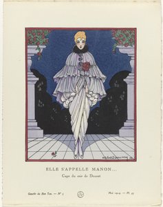Gazette du Bon Ton, 1914 - nr. 5, pl. 45: Hennes navn er Manon (...) / Evening cape av Doucet (tittel på objekt) av H. Robert Dammy