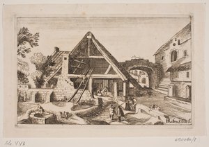 Byinteriør med låve og Jesu fødsel av H. Rosenkilde