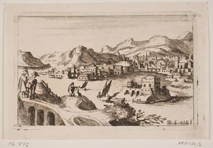 Kupert kystlandskap med orientalske bygninger av H. Rosenkilde