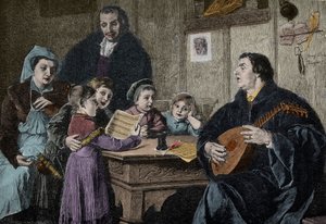Martin Luther (1483-1546) midt i familien (gravering etter H Stelzner) av H. Stelzner
