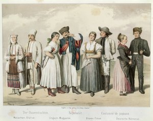 Kostymer til bønder fra (L til R) Romania, Ungarn, Slovakia og Tyskland, fra 'Esquisses de la Vie Populaire en Hongriche' av Gabriel de Pronay, 1855 av H. Veber