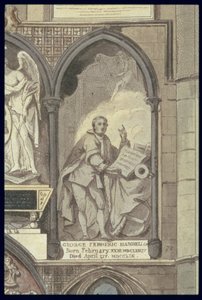 West Side of Poets Corner, plate 25 fra Westminster Abbey, detalj av begravelsesmonumentet til George Frederick Handel 1685-1759, gravert av J. Bluck fl.1791-1831 pub. av Rudolph Ackermann 1764-1834 1 av H. Villiers