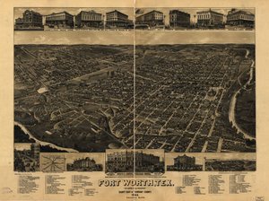 Perspektivkart ikke tegnet i målestokk. Fugleperspektiv. LC Panoramic maps (2nd ed.), 910 Også tilgjengelig via Library of Congress-nettstedet som et rasterbilde. Inkluderer illus., indeks til severdigheter og kart over Fort Worth jernbanefasiliteter. AACR av H. Wellge
