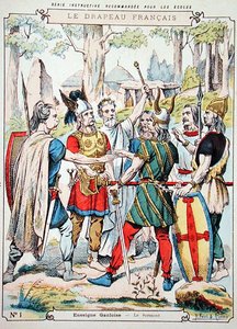 Galliske krigere som sverger en ed, fra et beskyttende omslag for skolebøker, sent på 1800-tallet (farge litho) av H. and Louis R. Feist