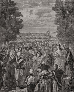 Kvinnene marsjerer mot Versailles, 5.-6. oktober 1789, gravert av Pannemaker-Ligny, fra 'Histoire de la Revolution Francaise' av Louis Blanc (1811-82)