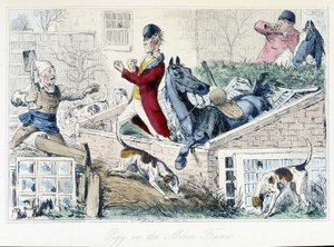 Kamp mellom en bonde og en jeger. Engelsk karikatur på revejakten fra «eventyrene til Thomas Scott eller Hawbuck Grange», illustrasjon av H.K. Browne og W.T. Maud. av Hablot Knight Browne