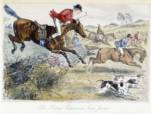 Jaktscene, engelsk tegneserie om revejakt, hentet fra ""-eventyrene til Thomas Scott, eller Hawbuck Grange", illustrasjon av H.K. Browne og W.T. Maud. av Hablot Knight Browne
