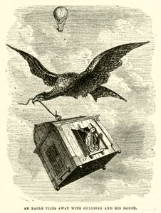 En ørn flyr bort med Gulliver og huset hans (gravering) av after Hablot Knight Browne