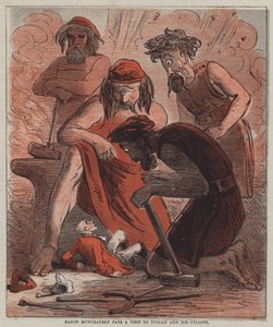 Baron Munchausen besøker Vulcan og hans Cyclops (farge litho)