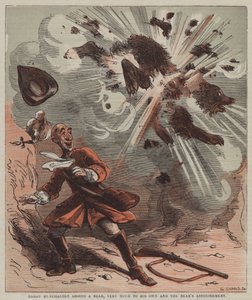 Baron Munchausen skyter en bjørn, veldig til sin egen og bjørnens forbauselse (farge litho)