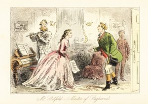 Engelsk gentleman blir vist inn i en salong for en musikalsk kveld av after Hablot Knight Browne