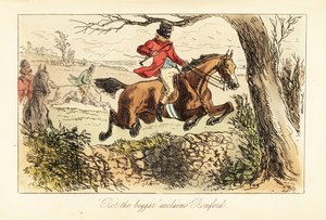 Engelsk jeger som gjør et farlig hopp over en steinmur under en lav gren av after Hablot Knight Browne