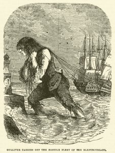 Gulliver frakter den fiendtlige flåten til Blefuscudians (gravering) av after Hablot Knight Browne