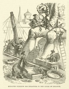 Gulliver stiller ut skattene sine til hoffet i Lilliput (gravering) av after Hablot Knight Browne