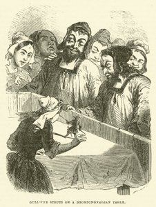Gulliver stivere på et Brobdingnagian-bord (gravering)