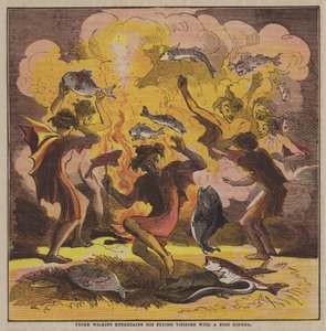 Peter Wilkins underholder sine flygende besøkende med en fiskemiddag (farge litho) av after Hablot Knight Browne