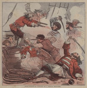 Peter Wilkins blir tatt til fange av en fransk kaper (farge litho) av after Hablot Knight Browne