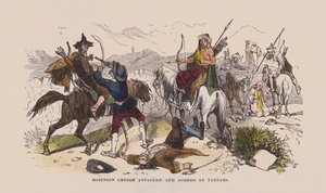 Robinson Crusoe angrepet og ranet av tartarer (farget gravering) av after Hablot Knight Browne