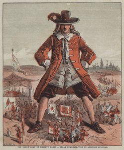 The Grand Army of Lilliput gjør en flott demonstrasjon for å forbløffe Gulliver (farge litho)