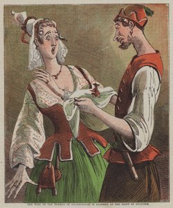 Kona til bonden på Brobdingnag blir skremt ved synet av Gulliver (farge litho)