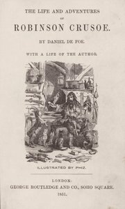 Tittelside for The Life and Adventures of Robinson Crusoe (farget gravering) av after Hablot Knight Browne