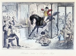 Hestejeger kommer ved et uhell inn i en stoffbutikk. Engelsk tegneserie om jakt tar fra "" eventyrene til Thomas Scott eller Hawbuck Grange"" illustrasjon av H.K. Browne og W.T. Maud. av Hablot Knight Browne