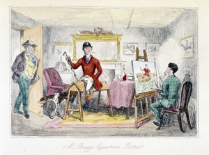 Maler som realiserer rytterportrettet av Mr Bragg i "The Adventures of Thomas Scott", illustrasjon av H.K. Browne og W.T. Maud. Engelsk tegneserie om revejakt. av Hablot Knight Browne