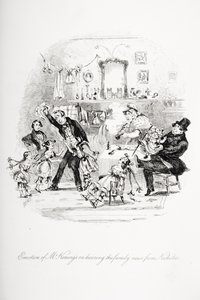 Emotion of Mr. Kenwigs på å høre familienyhetene fra Nicholas, illustrasjon fra `Nicholas Nickleby