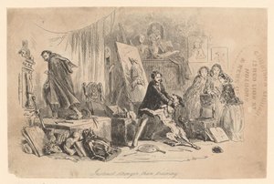 I atelieret sitt holder Henry Gowan hunden sin tilbake, etter at den nettopp har gjenkjent forbryteren Rigaud av Hablot Knight Browne