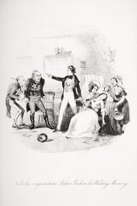Nicholas gratulerer Arthur Gride med bryllupsmorgenen, illustrasjon fra `Nicholas Nickleby