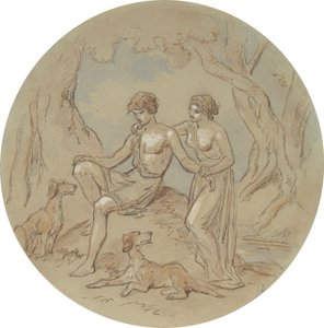 En av atten design for en serie plater som illustrerer Venus og Adonis av Hablot Knight Browne