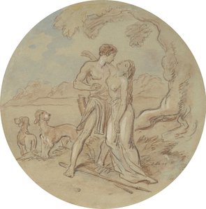 En av atten design for en serie plater som illustrerer Venus og Adonis av Hablot Knight Browne