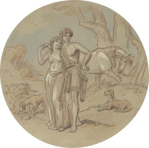En av atten design for en serie plater som illustrerer Venus og Adonis av Hablot Knight Browne