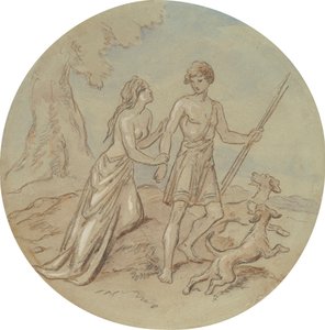 En av atten design for en serie plater som illustrerer Venus og Adonis av Hablot Knight Browne