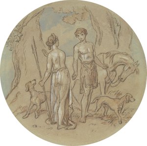 En av atten design for en serie plater som illustrerer Venus og Adonis av Hablot Knight Browne