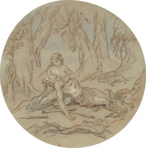 En av atten design for en serie plater som illustrerer Venus og Adonis av Hablot Knight Browne