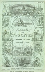 Tittelside fra første del av den første utgaven i serialiserte deler, av boken "A Tale of Two Cities" av Charles Dickens, 1859 av Hablot Knight Browne