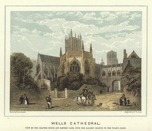 Wells Cathedral, utsikt over kapittelhuset og den østlige porten, med galleriet som fører til Vicar