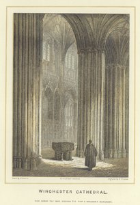 Winchester Cathedral, utsikt over skipet som viser fronten og Wykehams-monumentet av Hablot Knight Browne