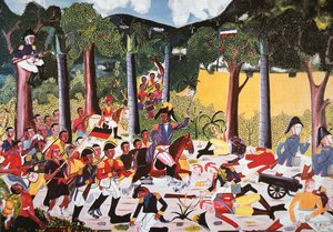 Haitianere under Jean Jacques Dessalines beseirer Napoleons tropper (olje på lerret) av Haitian School