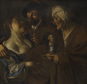 Procuress, forfalskning etter Dirck van Baburen (ca. 1595–1624), ca. 1930-45 (olje på lerret)