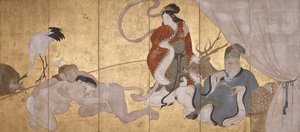 Seven Gods Of Good Fortune (blekk, farge og bladgull på papir, seksdelt skjerm) av Hanabusa Itcho
