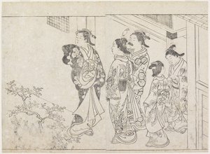 Fem prostituerte i en gårdsplass, tidlig på 1770-tallet (treblokktrykk) av Hanabusa Shigenobu