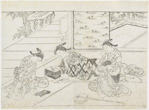 Tre prostituerte i et rom, tidlig på 1770-tallet (treblokktrykk) av Hanabusa Shigenobu