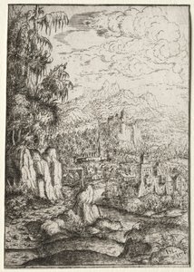 Landskap med en vei til et slott på en øy i en elv, 1554.