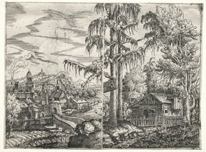 Landskap med byen ved en elv og hytten mellom trærne, 1551.