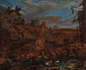 Høstlandskap med vadested og storfedrift av Hans (Johann Baptist) Graf