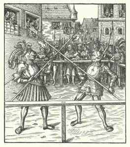 Erkehertug Maximilian av Østerrike kjemper til fots ved hjelp av en hellebard (gravering) av Hans (after) Burgkmair