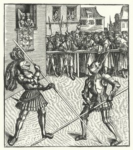 Erkehertug Maximilian av Østerrike kjemper til fots ved hjelp av en lanse (gravering) av Hans (after) Burgkmair