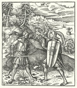 Erkehertug Maximilian av Østerrike i rustning som kjemper med et sverd (gravering) av Hans (after) Burgkmair